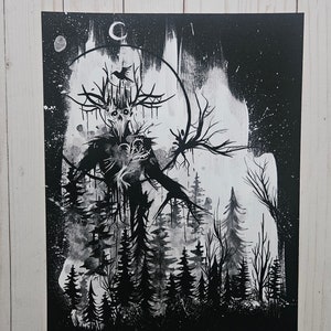 11 x 14 nuit gardien fantôme affiche impression Manfish Inc. horreur Cryptid Forest Cryptid Cryptidcore surréalisme cryptozoologie Dark Fantasy métal