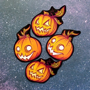 Pumpkin Sticker Pack Four Vinyl Waterproof Stickers Jackolantern Halloween Fall Autumn Cute Quirky Pumpkin Patch Squash Manfish Inc. Art