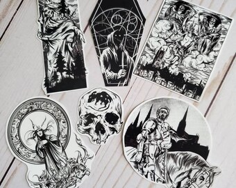 Dark Horror Art Waterproof Vinyl Sticker Set Goth Heavy Metal Skull Coffin Fantasy Halloween Black White Manfish Inc. Slap Pac Ink Etching