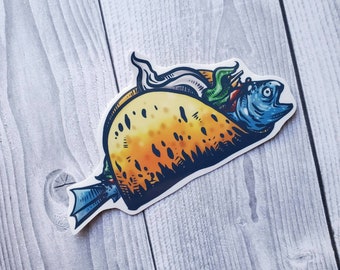 Fish Taco Food Waterproof Vinyl Sticker Fun Quirky Weird Art Fishy Mexican Food Free Shipping Manfish Inc. Foodie Pop Art Funny Yummy
