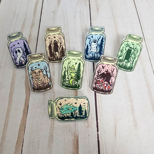 Cryptid Buddy 8 Acrylic Pin Set Cryptozoology Jar Cottagecore Mothman Bigfoot Yeti Fresno Nightcrawler Cryptidcore Flatwoods Monster Squonk