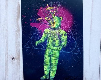 Sci Fi Mushroom Astronaut Space Art Galaxy Sacred Geometry Fungi Mycology Weird Art Postcard Sized Print Manfish Inc. Free Shipping Horror