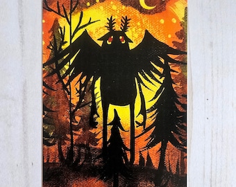 Mothman Forest Cryptid Postcard Sized Art Print Manfish Inc. West Virginia Landscape Ink Cryptozoology Halloween 4x6 Spooky Cute Moth Yellow