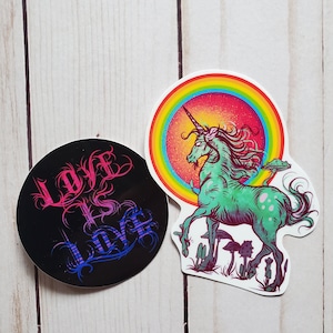 Bisexual Pride Love is Love Goth Typography Vinyl Waterproof Sticker with Free Unicorn Sticker Manfish Inc. Pride Month Rainbow Flag Art Bi