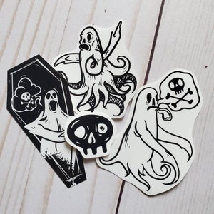 Ghost Theme Sticker Pack Slap Pac Coffin Spirit Black and White Manfish Inc. Art Spooky Halloween Vinyl Waterproof Goth Horror Ghoul Skull