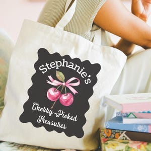 Sac fourre-tout personnalisé cerise, sac personnalisé en coton respectueux de l'environnement, sac de courses, fourre-tout du marché, cadeau de fête des mères, cadeau d'anniversaire