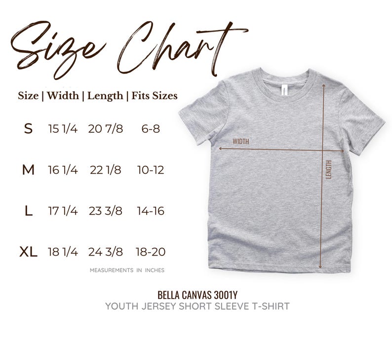 Puede incluir: Una camiseta de manga corta de punto de jersey gris claro para j&oacute;venes con una tabla de tallas. La tabla muestra las medidas en pulgadas para las tallas S, M, L y XL. La camiseta Bella Canvas 3001Y tiene medidas de ancho y largo.