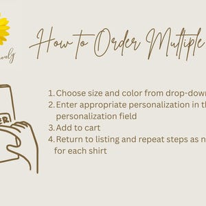 Puede incluir: Imagen con instrucciones sobre c&oacute;mo pedir varios art&iacute;culos. Incluye una flor amarilla, el texto "Shop Cleverly" y una mano sosteniendo un tel&eacute;fono con un bot&oacute;n "ORDER". Los pasos incluyen elegir talla/color, personalizar, a&ntilde;adir al carrito y repetir.