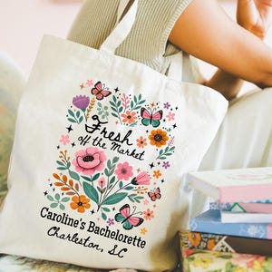 Personalized Floral Bachelorette Tote, Custom Fresh Off the Market Bach Bag, Bridal Shower Gift, Flower Design Bridesmaid Gift, Bride to Be
