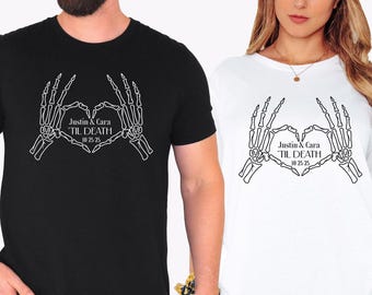 Camisetas personalizadas para noivos, esqueletos para casais recém-casados até a morte, presente de casamento engraçado, marido e mulher combinando, camisetas Sr. Sra., Halloween