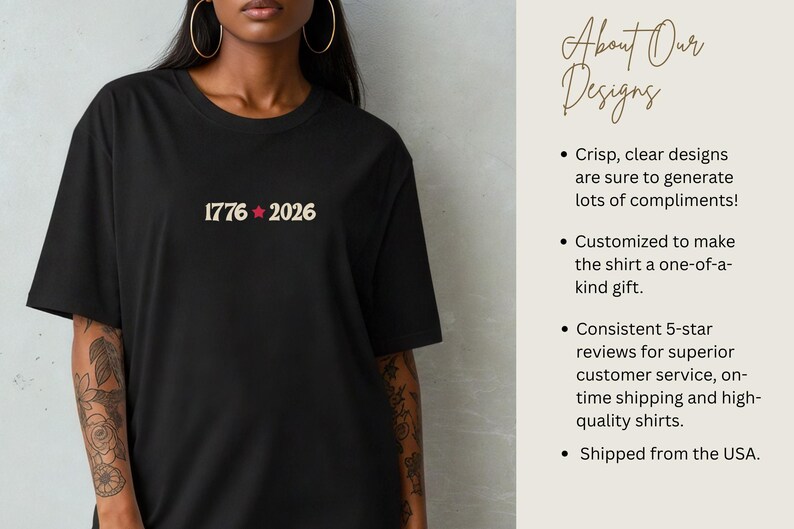 May include: Black t-shirt with the text "1776 2026" in a beige font with a red star. The shirt is a crew neck and has short sleeves. The text is centered on the chest.