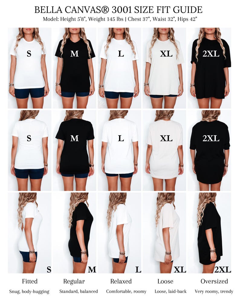 Puede incluir: Gu&iacute;a de tallas para camisetas Bella Canvas 3001. La gu&iacute;a muestra vistas frontal, trasera y lateral de las camisetas en tallas S, M, L, XL y 2XL. La modelo mide 173 cm, pesa 66 kg, con 94 cm de pecho, 81 cm de cintura y 107 cm de cadera. La gu&iacute;a tambi&eacute;n muestra el ajuste.