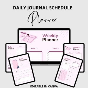 Peut inclure: Un design de planificateur numérique aux couleurs violet clair et blanc. L'image montre un ordinateur portable et plusieurs tablettes affichant des pages de planificateur, dont un planificateur hebdomadaire, un journal quotidien et un journal d'exercices. Le texte comprend "Daily Journal Schedule Planner" et "Editable in Canva."