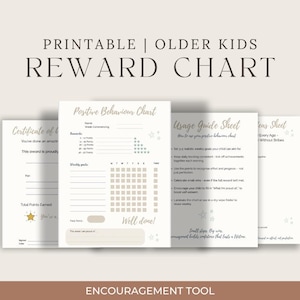 May include: A printable reward chart for older kids, featuring a certificate of behavior, a positive behavior chart, a usage guide sheet, and a tears sheet. The chart includes sections for rewards, weekly goals, and a space for total points earned. The text "Encouragement Tool" is at the bottom.