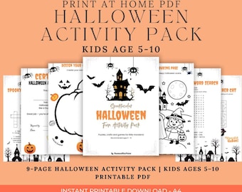 May include: A Halloween activity pack for kids aged 5-10, featuring printable PDF pages with puzzles, crafts, and games. The cover displays a haunted house, bats, and spiders. The text reads "Spectacular Halloween Fun Activity Pack."