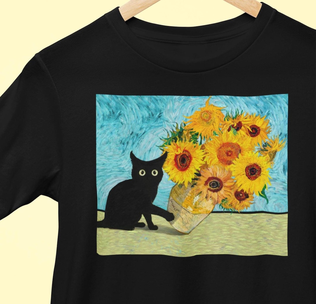黒猫がゴッホのひまわりの花瓶を倒すおもしろTシャツ、猫が静物画の花
