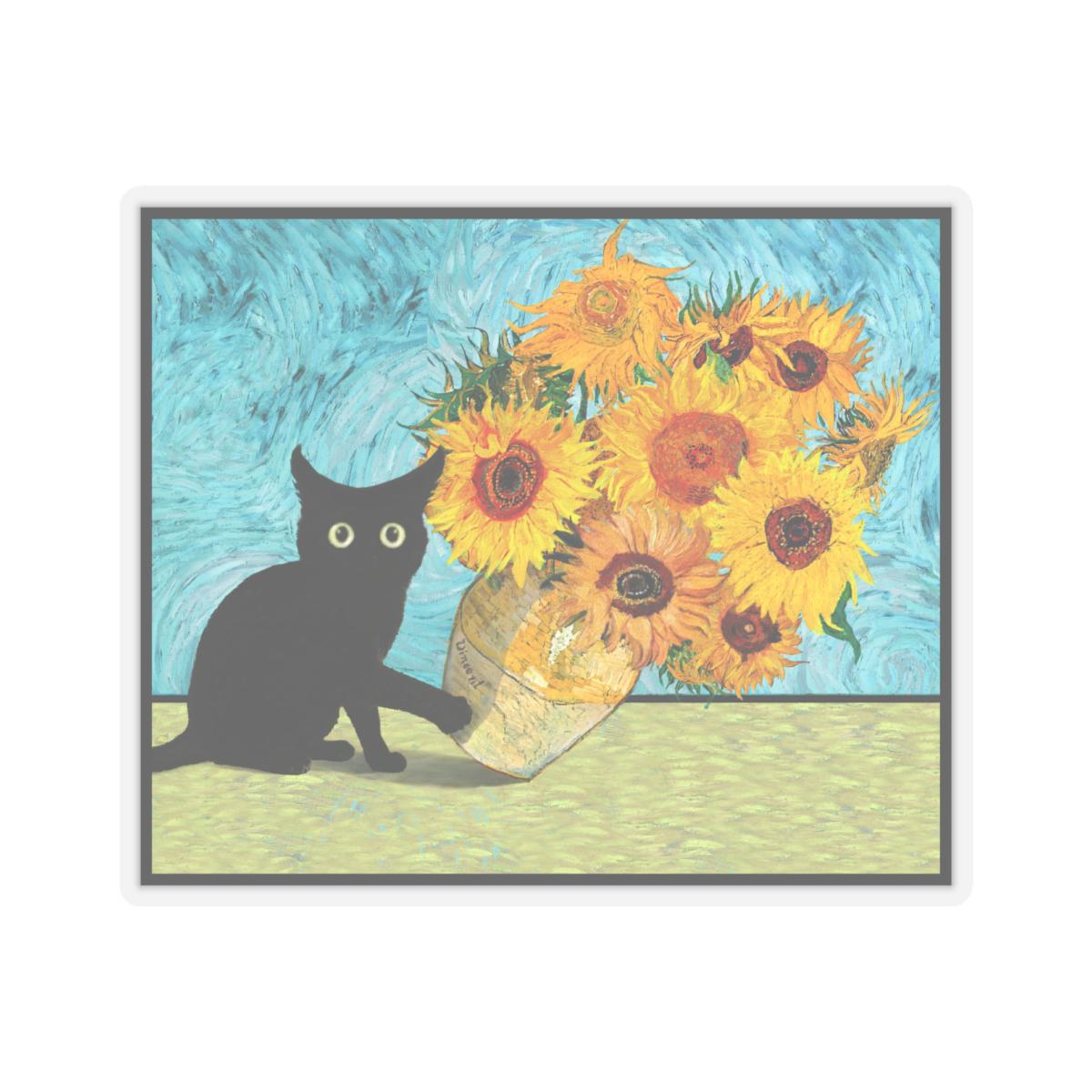 黒猫がゴッホのひまわりの花瓶を倒す 面白いステッカー デカール 猫が