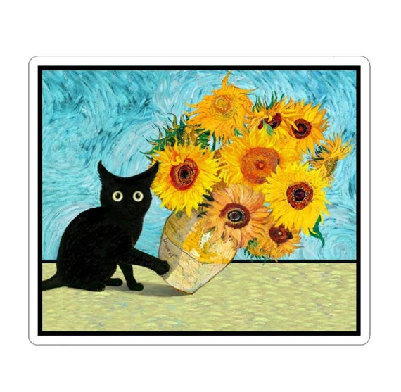 黒猫がゴッホのひまわりの花瓶を倒す 面白いステッカー デカール 猫が