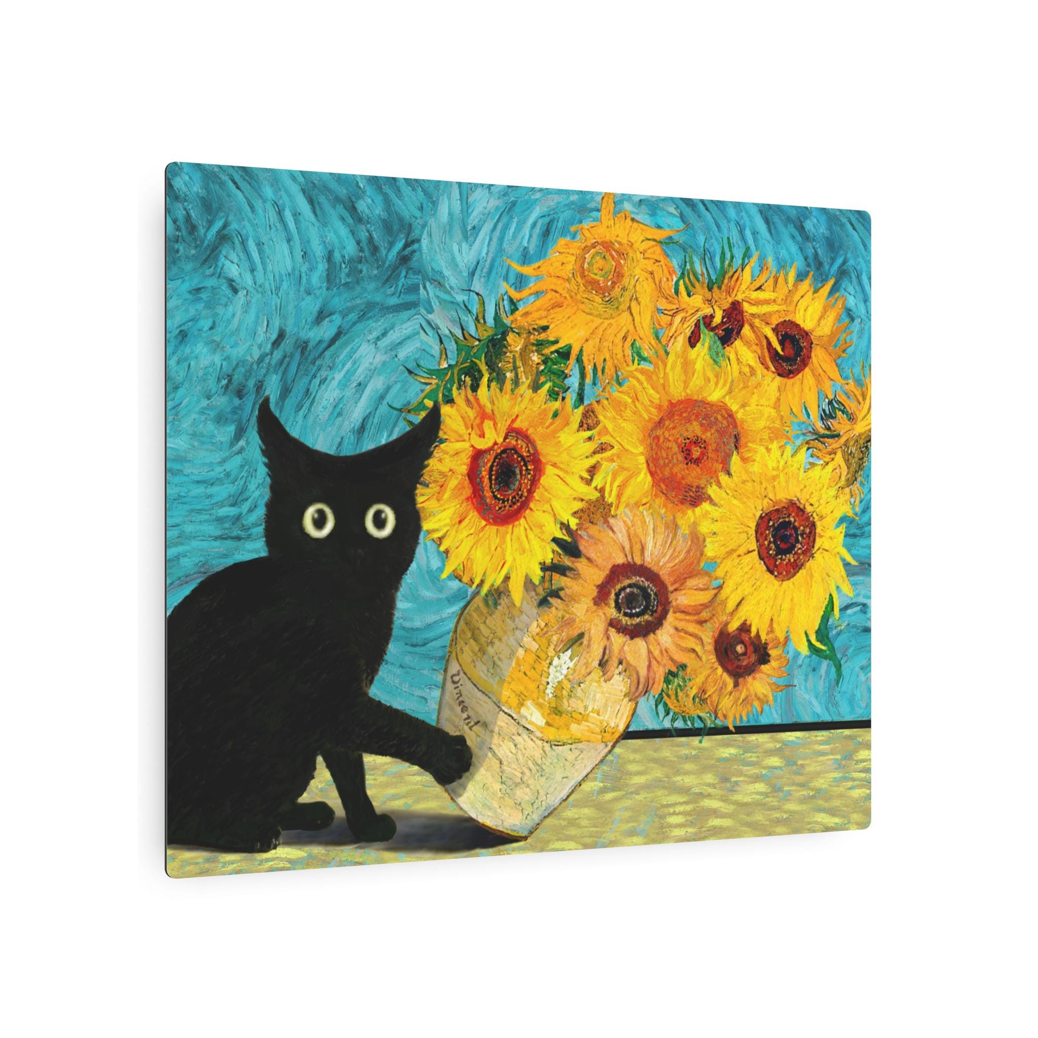 黒猫がゴッホのひまわりの花瓶を倒す 面白い看板 壁掛けアート 猫が花
