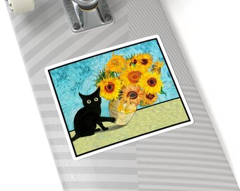 黒猫がゴッホのひまわりの花瓶を倒す 面白いステッカー デカール 猫が