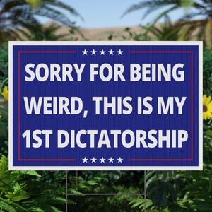 Puede incluir: Un letrero rectangular azul con texto blanco: "SORRY FOR BEING WEIRD, THIS IS MY 1ST DICTATORSHIP." El letrero tiene un borde rojo y estrellas blancas arriba y abajo. Marco de metal.