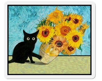May include: A sticker featuring a black cat and a vase of sunflowers, in the style of Van Gogh's painting. The cat has wide eyes and is reaching towards the vase. The background is a blue, textured sky.