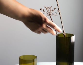 Upcycled Wine Bottle Set: Vase and Candle Holder Set | Ribbed Olive Green Glass