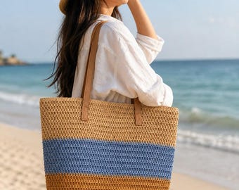 Bolso de paja trenzada, bolso de playa grande, bolso para picnic de verano - Texturizado