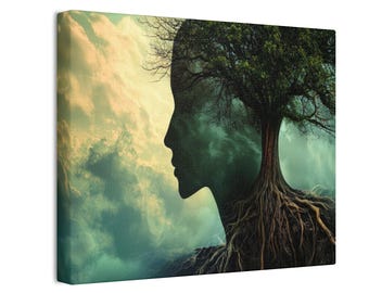 Roots of Consciousness Wall Art | Surreal Nature Landscape Canvas Print | Cabin in Forest Decor | Dreamy Tree Scene Wall Picture