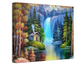 Cascading Dreams Wall Art | Waterfall Landscape Canvas Print | Tranquil Nature Scene Decor | Peaceful Water and Forest Picture