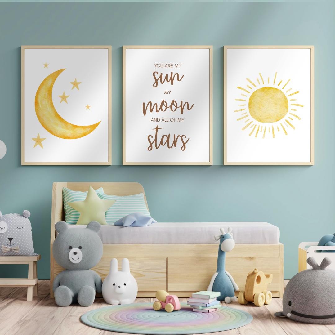 Celestial Nursery Wall Art Set of 3 | Sun Moon and Stars Baby Quote ...