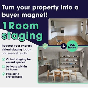 Puede incluir: Una imagen de antes y después que muestra cómo la puesta en escena virtual puede transformar una habitación vacía en un espacio amueblado. La imagen de la izquierda muestra una habitación vacía con paredes blancas y pisos de madera dura. La imagen de la derecha muestra la misma habitación puesta en escena virtualmente con muebles, decoración y una mesa de comedor. El texto en la imagen dice "¡Convierte tu propiedad en un imán para compradores! 1 habitación de puesta en escena. Solicita tu puesta en escena virtual express hoy y observa resultados rápidos. Puesta en escena virtual para espacios vacíos. Entrega dentro de las 24 horas. Dos preferencias de estilo. 24 horas."