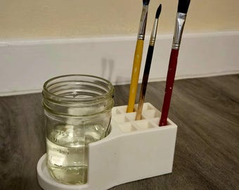 3D Printed Paint Brush Holder with Water Glass: Art Supplies Organizer