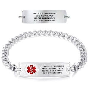 May include: A silver-toned medical alert bracelet with a chain link design. The rectangular plate displays the text "DIABETES/INSULIN, ALGY: PENICILLIN, NUTS, BEE STING, SEE OTHER SIDE" and a red medical symbol. A separate tag reads "BLOOD THINNER, ICE CONTACT, RICK JOHNSON, (619)866-4768".