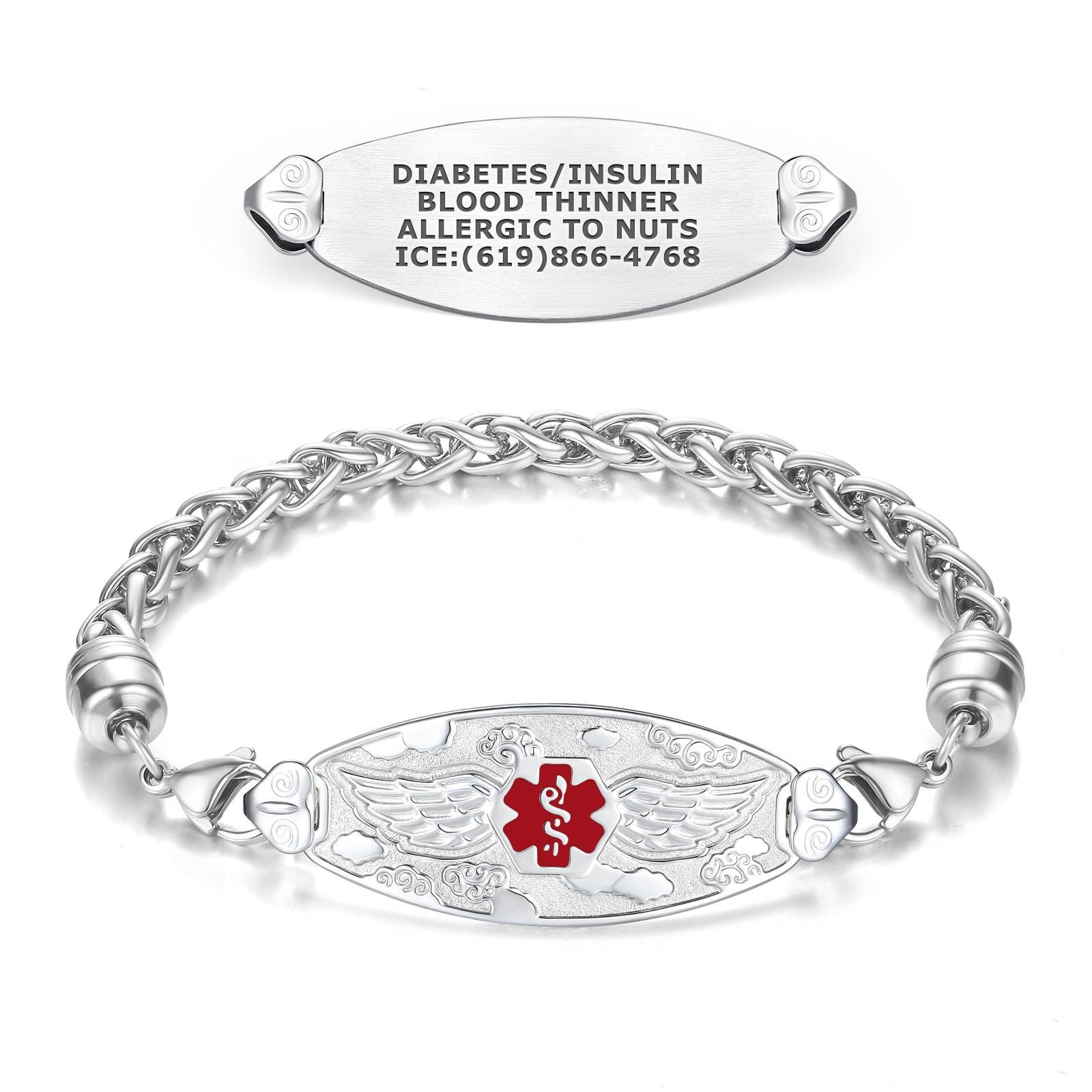 Angel Wing Custom Engraved Medical ID Bracelets for Women, With Wheat Chain, 6.0-8.5 Inches