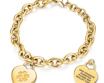 Heart Charm Custom Engraved PVD Gold/PVD Rose Gold/Silver & Gold/Silver Medical ID Bracelet With Adjustable Chain (fits up to 8.5&quot; Wrists)