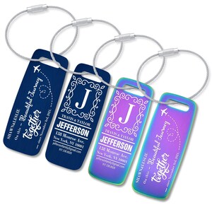 May include: Four rectangular luggage tags with silver wire loops. Two tags are solid dark blue, and two are a blue-to-purple gradient. They feature white printed text, including names, addresses, and the phrase "Beautiful Journey together."