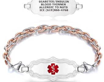May include: A two-tone medical ID bracelet with a silver and rose gold chain. The silver plate has a red medical symbol and the text: DIABETES/INSULIN, BLOOD THINNER, ALLERGIC TO NUTS, ICE (619)866-4768.