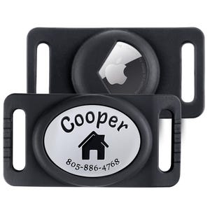 May include: Black pet tag holder with an Apple AirTag and a custom tag. The custom tag has the name "Cooper", a house icon, and a phone number. The AirTag is silver with the Apple logo.