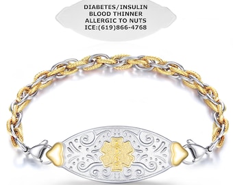 Grand Custom Engraved Medical ID Bracelet for Women– 2-Tone Gold, Rose Gold, PVD Gold/Silver, Polished Stainless, Personalized Alert Jewelry