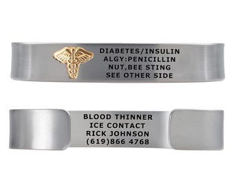 Custom Engraved Titanium Medical Alert Bracelet: Adjustable Cuff, PVD Caduceus