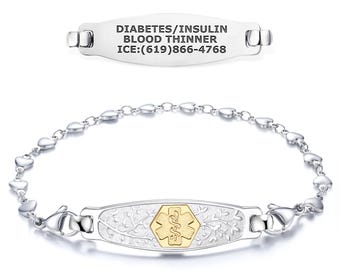 Pulsera de alerta médica grabada personalizada: cadena de eslabones con forma de corazón, ajuste ajustable