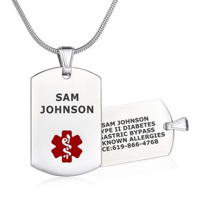 Polished Tag Medical ID Necklace, Medical Dog Tag w/Free Engraving- 24/28&quot; Various Chain