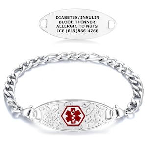Puede incluir: Una pulsera de identificación médica plateada con una placa central decorativa y un símbolo médico rojo. La pulsera tiene un diseño de eslabones de cadena. El texto en la etiqueta de identificación dice: DIABETES/INSULINA, ANTICOAGULANTE, ALÉRGICO A LOS FRUTOS SECOS, ICE (619)866-4768.