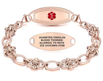 Custom Engraved Rose Gold Medical Alert Bracelet – Hand Woven Chain