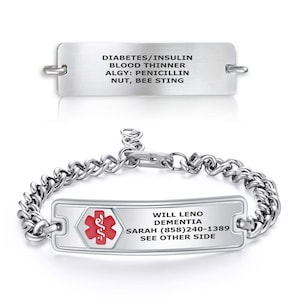 May include: A silver-colored medical alert bracelet with a chain link design. The rectangular plate displays the text "DIABETES/INSULIN, BLOOD THINNER, ALGY: PENICILLIN, NUT, BEE STING." The bracelet also includes a plate with the text "WILL LENO, DEMENTIA, SARAH (858)240-1389, SEE OTHER SIDE."