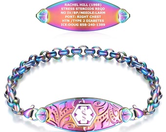 Filigree Medical ID Bracelet | Custom Engraved Stainless Steel Rolo Chain Alert Tag
