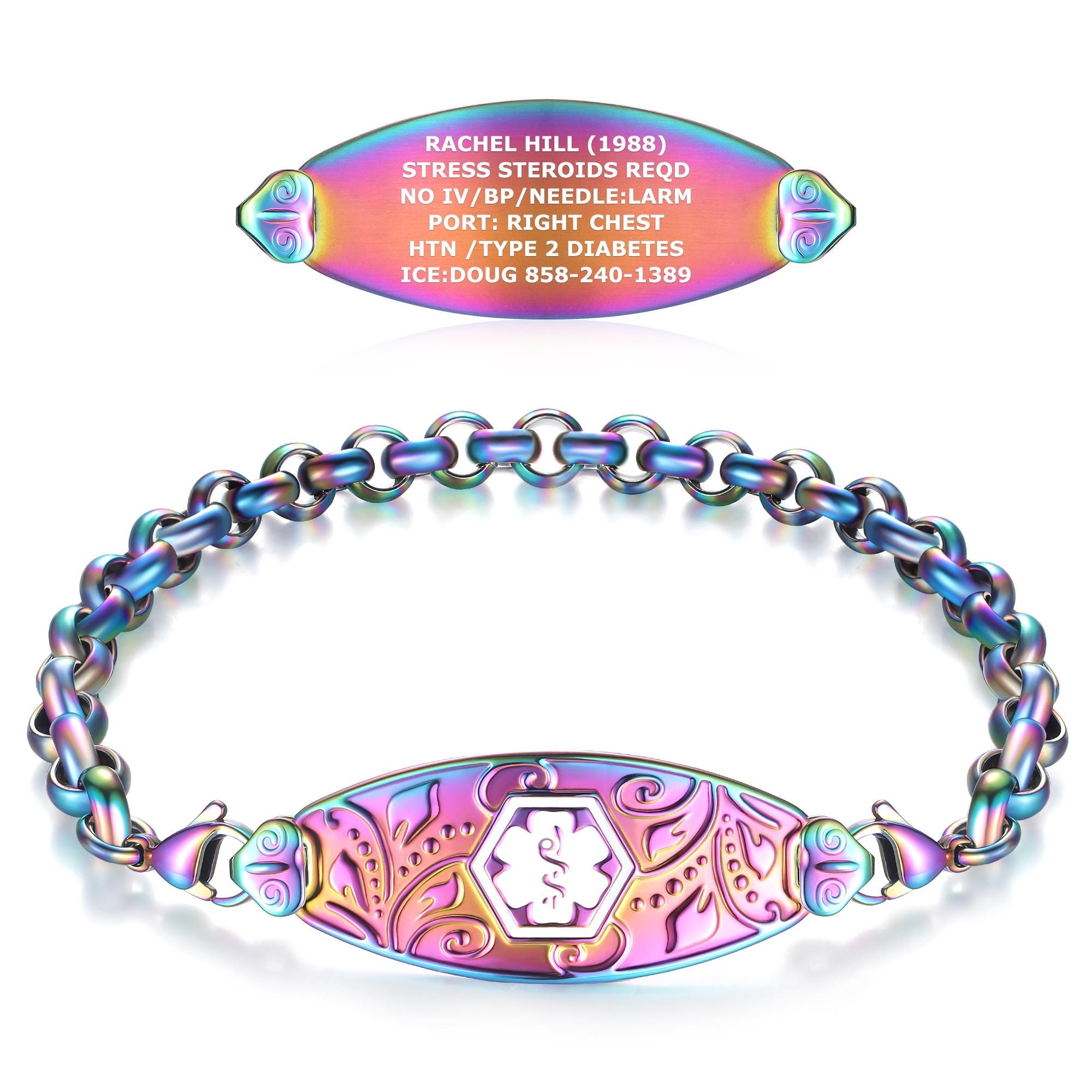 Filigree Medical ID Bracelet Custom Engraved Stainless Steel Rolo Chain…