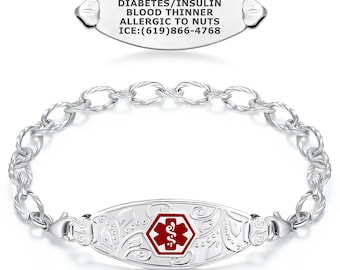 Lovely Filigree Custom Engraved Medical ID Bracelet for Women – With Ridged Chain, Personalized Caduceus, Allergy Alert Jewelry, 6.0-8.5”
