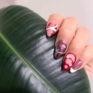 Hand-Painted Red & Chrome Almond Press-On Nails: Cyber Chic